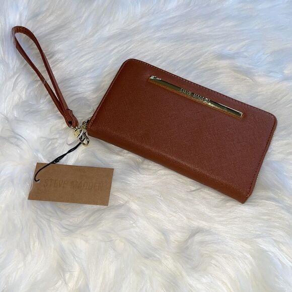 STEVE MADDEN Cognac & Gold Zip Around Wristlet Case Wallet. NWT - Picture 3 of 10
